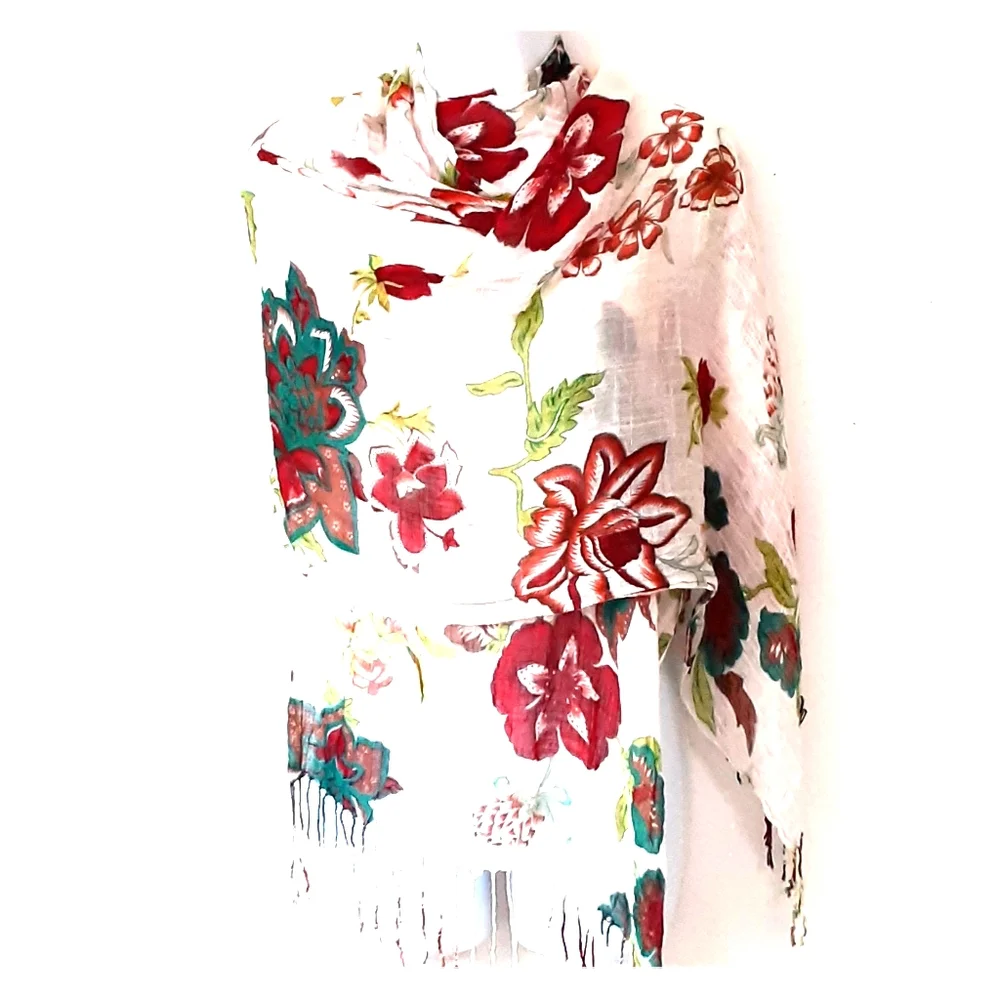 Teal, lime, red floral print on cream scarf